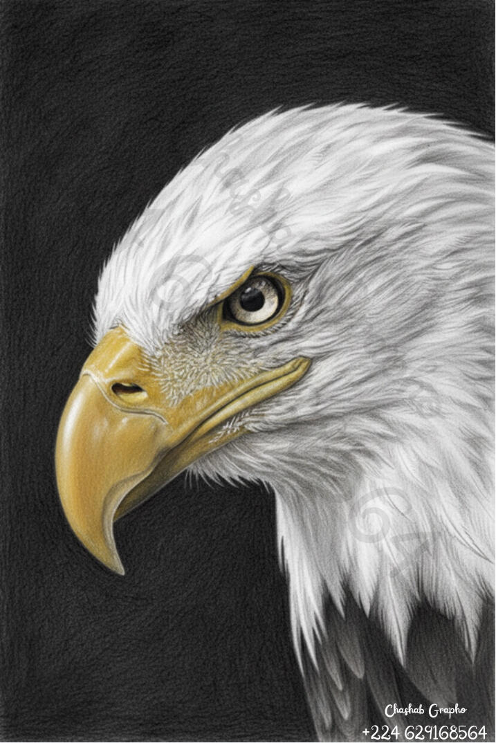 L'esprit de la prophétie - Regard Majestueux - Dessin de l'Aigle Royal Dessin détaillé d'un aigle royal de profil, plume blanche et bec jaune sur fond noir, illustration animalière par Chashab Grapho.